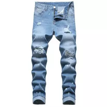Новые европейские и американские мужские джинсы с дырками синего цвета, неэластичные, узкие, прямые, ковбойские брюки 28 индиго