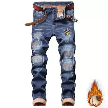 Новые европейские и американские мужские облегающие прямые штанины из перфорированной ткани с нашивками и толстым бархатом зимние мужские джинсы 28