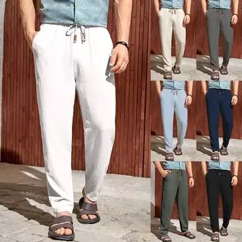 Новые европейские и американские мужские повседневные брюки из хлопка и льна с завязками L