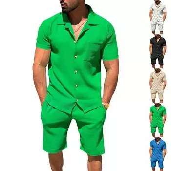 Новые европейские и американские мужские шорты-кардиганы с лацканами, комплект из 2 предметов, летние однотонные шорты с короткими рукавами в вертикальную полоску S чёрный