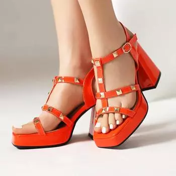 Новые фабричные летние босоножки, заклепки, ремень с Т-образной пряжкой, женские туфли на толстой подошве и толстом каблуке, туфли большого размера из лакированной кожи карамельного цвета. 35 чёрный