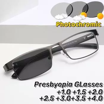 Новые фотохромные очки для пресбиопии для пожилых людей. Модные очки для чтения в металлической оправе. Оптические очки с защитой от синего света. 1.0