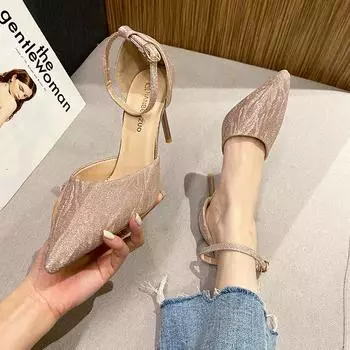 Новые французские элегантные женские туфли на высоком каблуке с острым носком и мелким ртом, с бантом и блестками, на тонком жемчужном каблуке, с одной туфлей 38