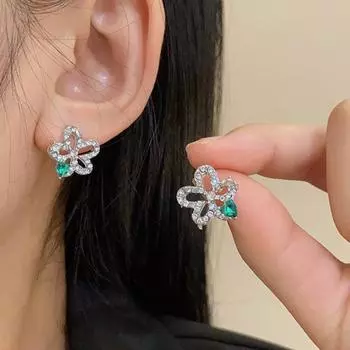Новые французские цветы с зеленым цирконом, индивидуальные и темпераментные женские серьги