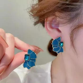 Новые французские ретро-серьги-гвоздики со стразами в виде синих масляных цветов, модные милые серьги-гвоздики из сплава для женщин, ювелирные изделия, подарки бездна