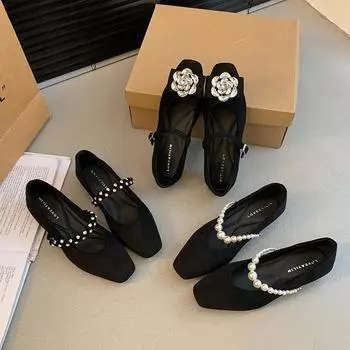 Новые французские туфли Мэри Джейн в стиле Хепберн с жемчугом, туфли Doudou весна 2025, туфли на плоской подошве с квадратной головкой, женские стразы 35