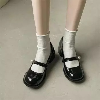 Новые французские винтажные лакированные кожаные туфли Мэри Джейн с неглубоким носком, женские туфли с круглым носком и толстым каблуком, черные туфли-лодочки 34 чёрный