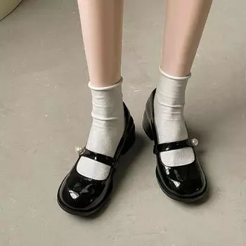 Новые французские винтажные женские туфли Мэри Джейн с неглубоким носком, жемчужные туфли с круглым носком и толстым каблуком на плоской подошве 34 чёрный