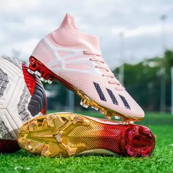 Новые футбольные бутсы с гальваническим покрытием и позолоченной подошвой, с высоким верхом, для взрослых, с шипами, для игры на траве, профессиональные, износостойкие, для тренировок, для футбола 32 розовый