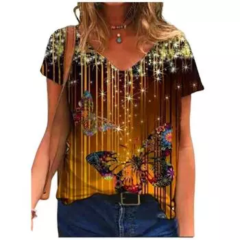 Новые футболки с 3D-принтом «Бабочка, цветок», женские футболки с коротким рукавом и V-образным вырезом, топы Y2k, футболки, свободные футболки, женская одежда Harajuku S