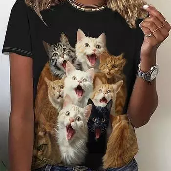 Новые футболки с 3D принтом кошек для женщин, летняя модная уличная футболка с круглым вырезом и короткими рукавами для девочек, красивая футболка, женская одежда S