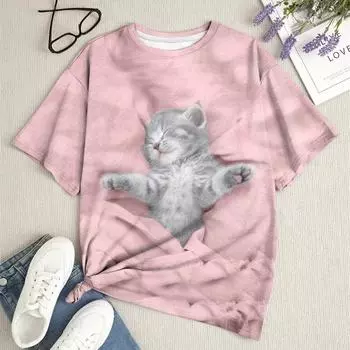 Новые футболки с 3D принтом котов для женщин, летняя модная уличная футболка с круглым вырезом и короткими рукавами для девочек, милая футболка, женская одежда S