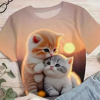 Новые футболки с 3D принтом котов для женщин, летняя модная уличная футболка с круглым вырезом и короткими рукавами для девочек, милая футболка, женская одежда XS