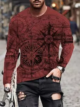 Новые футболки с длинным рукавом с 3D-принтом и компасом для мужчин, весенняя мода, креативная уличная винтажная футболка с круглым вырезом и графическим принтом, пуловер, топ S