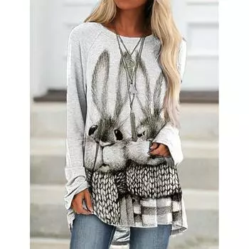 Новые футболки с длинными рукавами и 3D принтом милого кролика, женские повседневные модные винтажные футболки, уличная одежда большого размера, футболки для девочек, топы 2XL