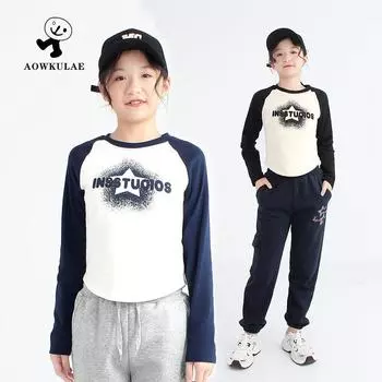 Новые футболки с длинными рукавами в корейском стиле для девочек — теплые, короткие и стильные для весны и осени 150 cm светло-розовый