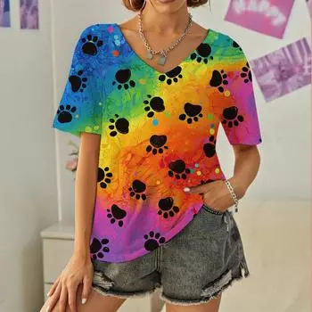 Новые футболки с графическим принтом для собак, дизайн больших размеров, топ с v-образным вырезом, женская летняя рубашка, женская одежда S