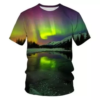 Новые футболки с рисунком «Звездное небо природы», мужские модные футболки с узором «Аврора», повседневные топы с короткими рукавами и круглым вырезом с 3D принтом Asian size 4XL