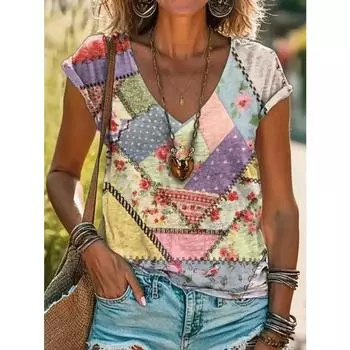 Новые футболки в этническом стиле с принтом в виде птиц и бабочек в стиле ретро, женские футболки с V-образным вырезом и коротким рукавом, футболки Harajuku Y2k, топы, женская одежда S
