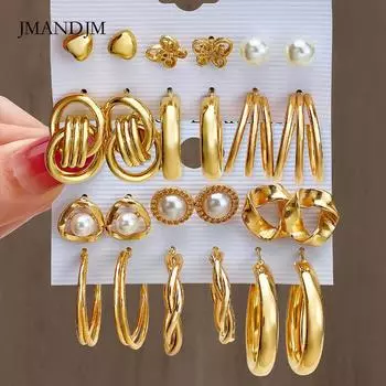 Новые геометрические круглые серьги с жемчужинами для женщин, серьги с бабочками из жемчуга, преувеличенные закрученные серьги, 6 пар alloy