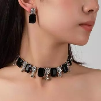 Новые геометрические квадратные драгоценные камни, модные ювелирные изделия, серьги, ожерелье, комплект из двух частей, ювелирные изделия на ключице чёрный