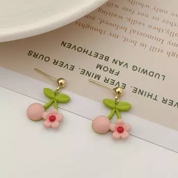 Новые геометрические серьги с розовым цветком и зелеными листьями для женщин