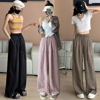 Новые, хит продаж, новые прямые брюки в китайском стиле для женщин, летние новые универсальные брюки с высокой талией для женщин, драпированные широкие брюки XS чёрный