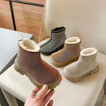 Новые хлопковые ботинки для девочек, простые зимние детские ботинки со стразами, с круглым носком, универсальные, роскошные, детские, повседневные, ботильоны, толстая подошва 23 чёрный