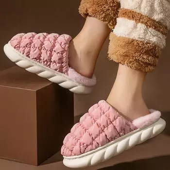 Новые хлопковые пуховые тапочки для мужских домашних теплых домашних тапочек осенью и зимой, шерстяные тапочки на толстой подошве для домашних женщин 36-37 бежевый