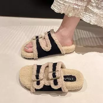 Новые хлопковые тапочки женские плюшевые тапочки с двойной пряжкой на ремне женские роскошные шлепанцы пушистые шлепанцы дизайнерские плюшевые туфли на платформе 35 розовый