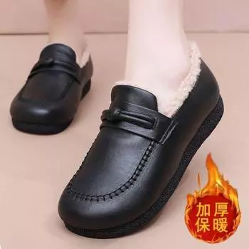 Новые хлопковые туфли, женские хлопковые туфли, зимние бархатные рабочие туфли, антифризы, нескользящие и водонепроницаемые, кожаные теплые туфли с одной педалью 35 чёрный