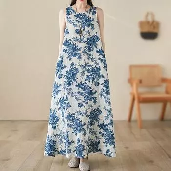 Новые хлопковые винтажные платья без рукавов с цветочным принтом для женщин, повседневное свободное длинное летнее платье, элегантная одежда M синий
