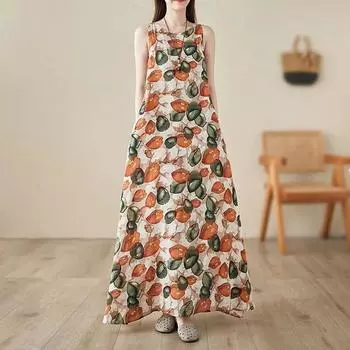 Новые хлопковые винтажные платья без рукавов с цветочным принтом для женщин, повседневные свободные длинные летние платья M