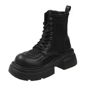 Новые холщовые кожаные ботинки на платформе, женские толстые байкерские ботинки со шнуровкой, роскошные дизайнерские ботильоны для женщин 35