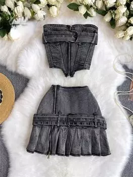 Новые Hotsweet Ins уличная одежда джинсовые комплекты женские без бретелек без рукавов на молнии облегающие костюмы эстетический Y2k сексуальный топ плиссированная юбка костюм S чёрный