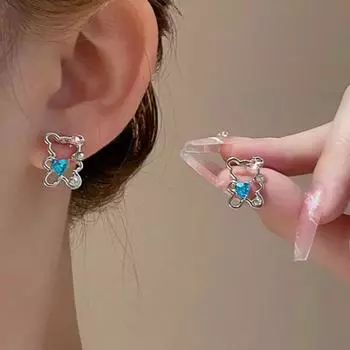 Новые индивидуальные серьги с голубым цирконом и полым медведем, женские украшения