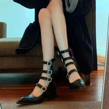 Новые индивидуальные женские туфли-одиночки в старинном стиле с застежкой-молнией, модные, толстые, с высоким каблуком, пряжкой на ремне, короткие сапоги, большие ярды 35-40 35 чёрный