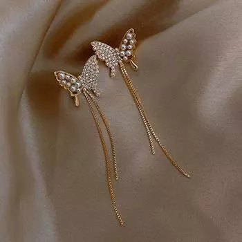 Новые искусственные жемчужины бабочка длинная кисточка темперамент сетка красные серьги ювелирные изделия женские серьги в стиле морского праздника