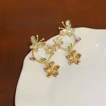 Новые изысканные женские серьги-джокеры с кисточками и цветком в виде бабочки и циркона