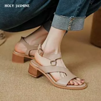 Новые каблуки женские туфли из натуральной кожи летние туфли для женщин 2024 классические женские туфли с пряжкой босоножки на толстом среднем каблуке платформы 34 шоколадный