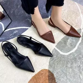 Новые каблуки женские туфли роскошные кожаные сандалии летние сексуальные туфли с открытой пяткой на каблуке модные остроносые широкие босоножки на низком каблуке EUR 35 чёрный