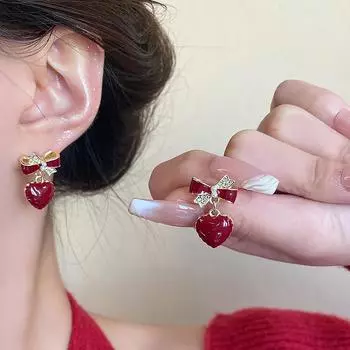 Новые капли масла Любовь Новый год Красный бант Серьги 1 pair