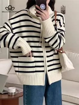 Новые кардиганы Черно-белые полосы Женский свитер Кардиганы Женская одеждаПовседневный длинный вязаный кардиган Женский свитер-пальто Кардиганы one size