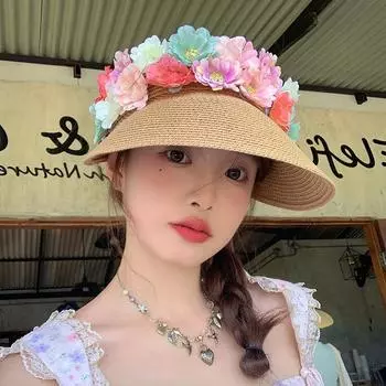 Новые кепки-шпильки в китайском стиле с цветком и пустым верхом для женщин 2024 года, летние большие поля, защита от солнца, дорожные универсальные солнцезащитные шляпы 56-58cm бежевый