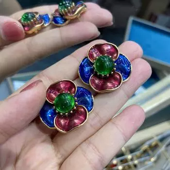 Новые китайские эмалевые росписи 14K простые трехмерные серьги-гвоздики в виде цветка ретро-серьги с инкрустацией из глазурованных бусин в виде камелии