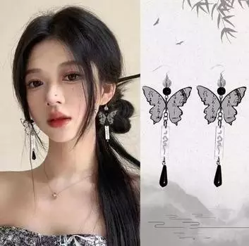 Новые китайские серьги-бабочки с росписью тушью, женские старинные серьги-подвески Guochao с длинными кисточками и каплями воды, нежные серьги-подвески Wind
