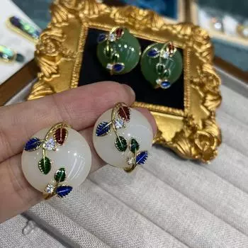 Новые китайские серьги-гвоздики с халцедоновой эмалью в виде цветных листьев, классические, покрытые настоящим золотом, элегантные, средние серьги