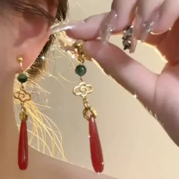 Новые китайские старинные серьги-капли в виде благоприятных облаков в стиле «красный тост» в национальном стиле с крючками для ушей в стиле ретро-чеонгсам премиум-класса