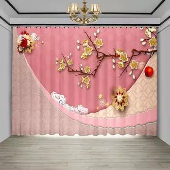 Новые китайские занавески Цветы Птицы Гостиная Балкон Древняя чайная комната Пейзаж Живопись тушью Оконный экран Занавеска Китайские шторы (W50cmxH130cm)x2&Rod Pocket