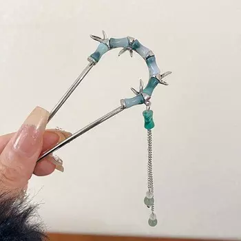 Новые китайские зеленые бамбуковые палочки для волос с кисточками для женщин, винтажная металлическая U-образная шпилька для волос, палочка для еды, головной убор, аксессуары для волос